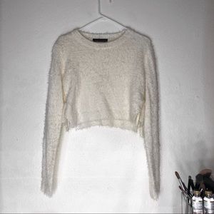 Fuzzy white cropped sweater with ties